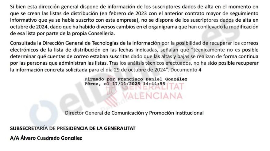 La Generalitat contesta a la jueza de la dana que desconoce qué cargos recibían información actualizada de medios