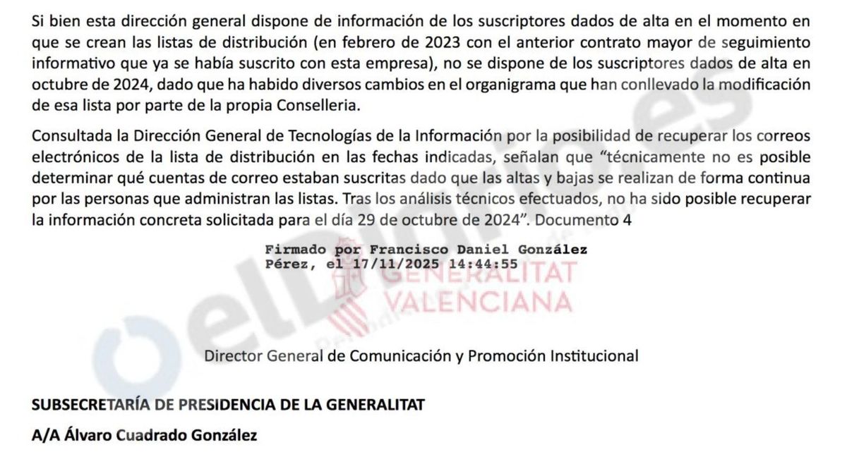 Fragmento de la respuesta del director general de Comunicación, Francisco González.