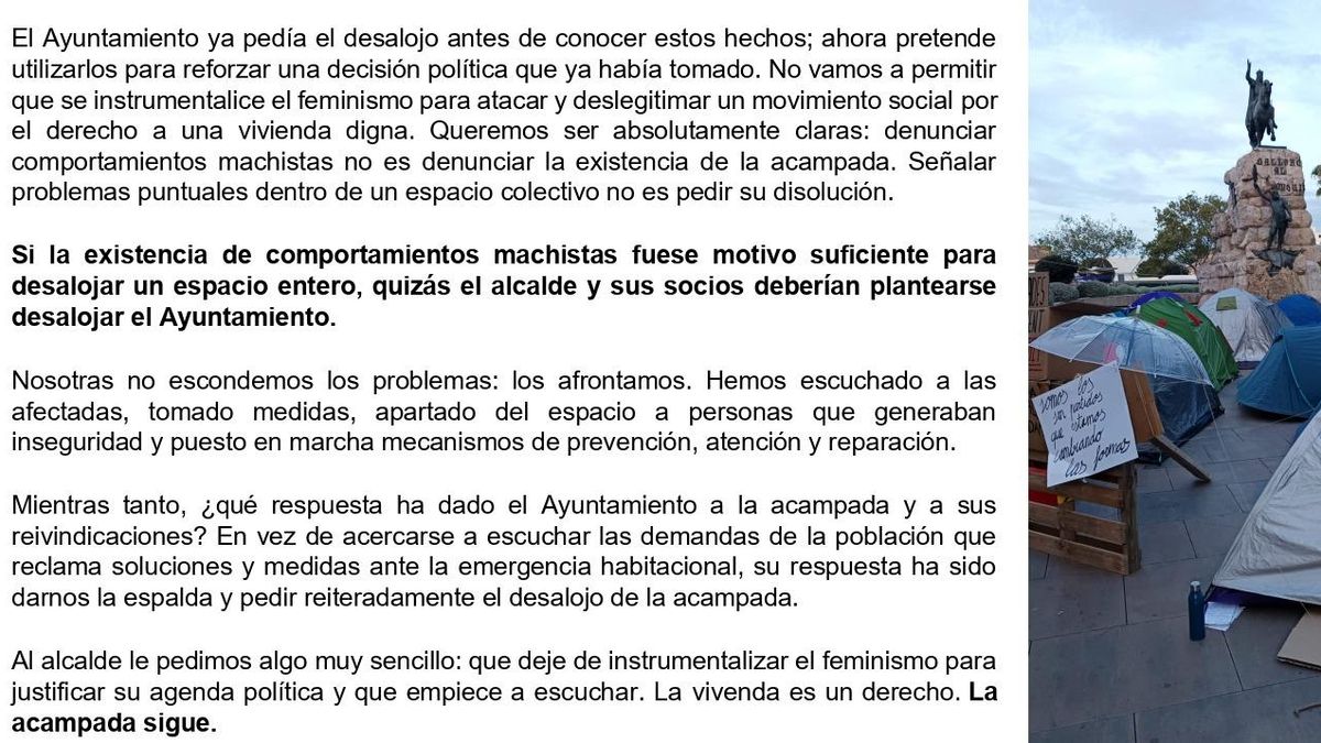 El PP esgrime una queja por presunto acoso machista para forzar el desalojo de la acampada por la vivienda en Palma