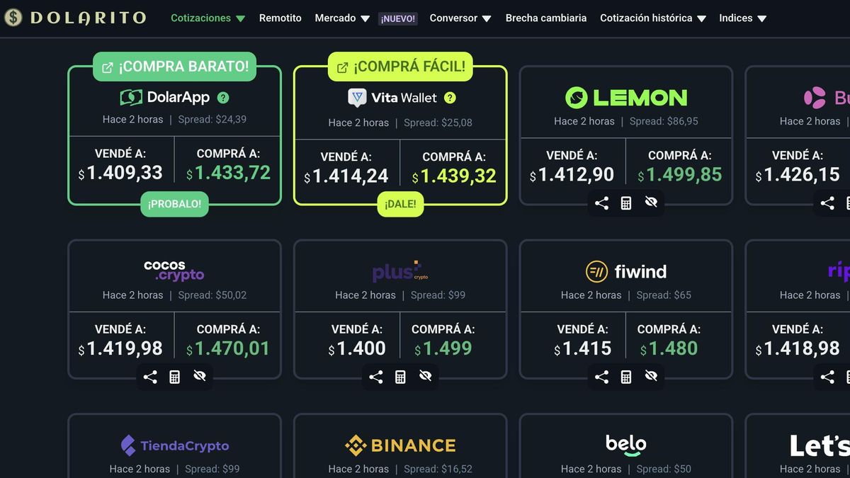 La web de Dolarito, que ofrece dólares cripto para todos los gustos.