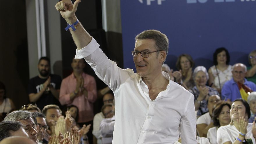 El candidato del PP a las elecciones generales, Alberto Núñez Feijóo durante un mitin celebrado este domingo en Guadalajara. EFE/ Pepe Zamora