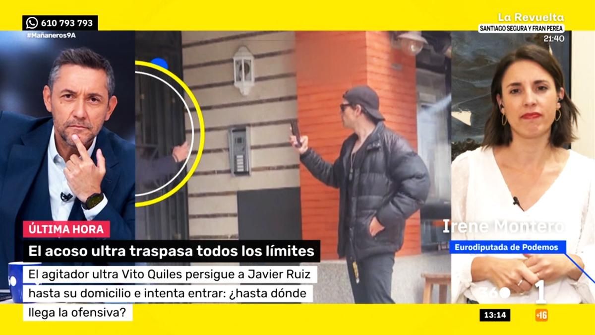 Irene Montero apoya a Javier Ruiz en RTVE frente al "acoso fascista" de Vito Quiles: "Gracias por seguir dando la cara"