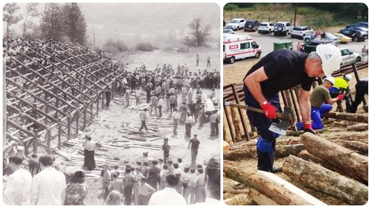 A la izquierda, concurso de posteadores en los años 70 en Caboalles de Abajo.