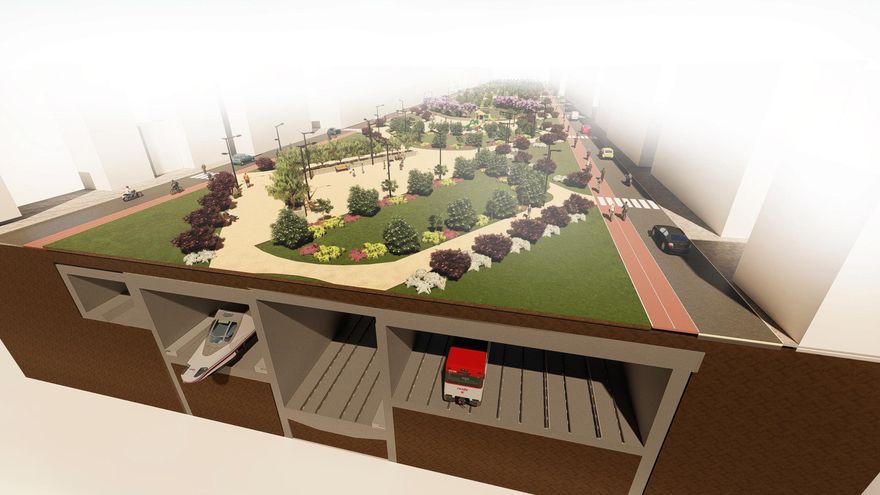 Imagen virtual del canal de acceso con la superficie ajardinada.