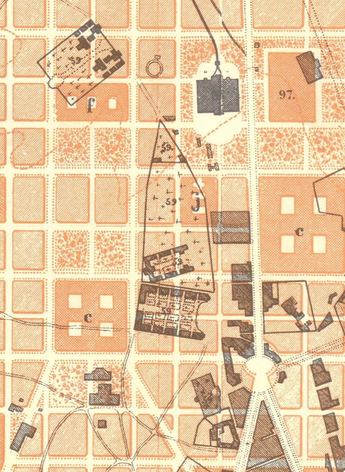 Anteproyecto para el ensanche de Madrid en 1861. Zona de los cementerios de Chamberí (marcados con el número 59)