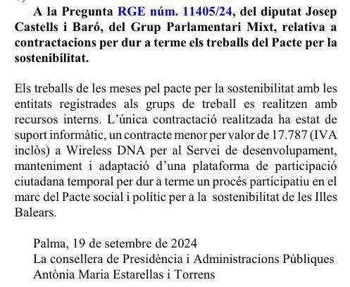 Respuesta del Govern a una pregunta parlamentaria sobre las contrataciones para realizar los trabajos del Pacto