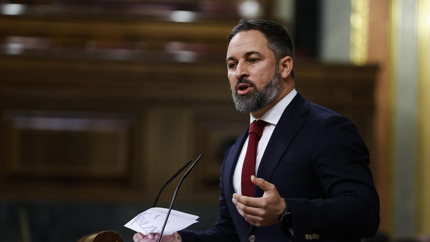 El líder de Vox, Santiago Abascal, durante su intervención tras la comparecencia del presidente del Gobierno,.