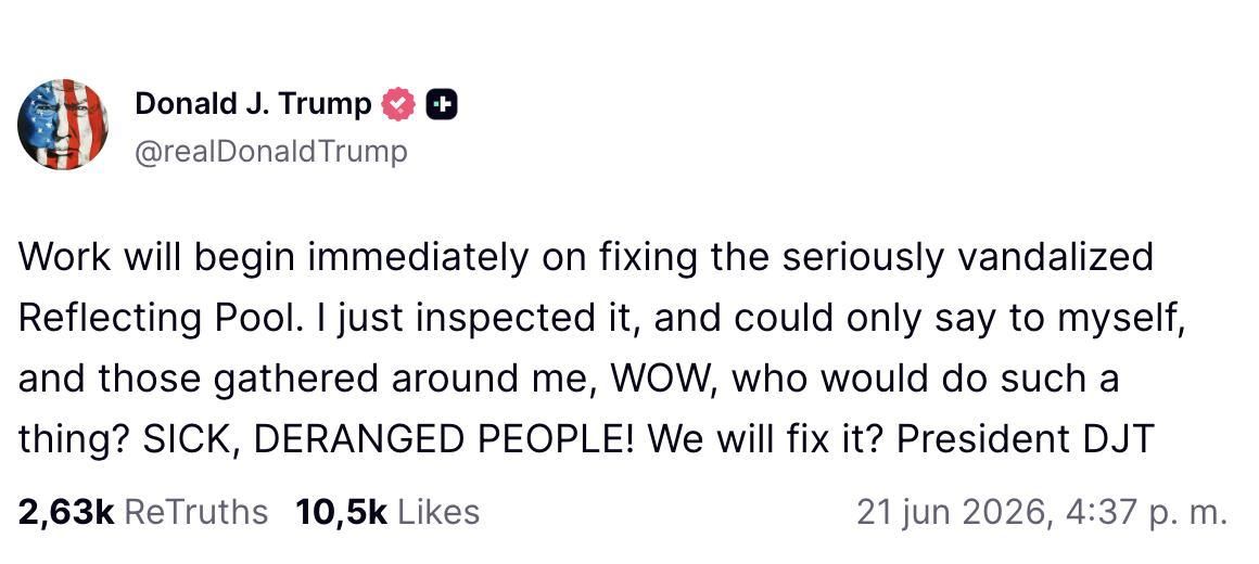 Truth Social de Trump sobre el estanque reflectante.
