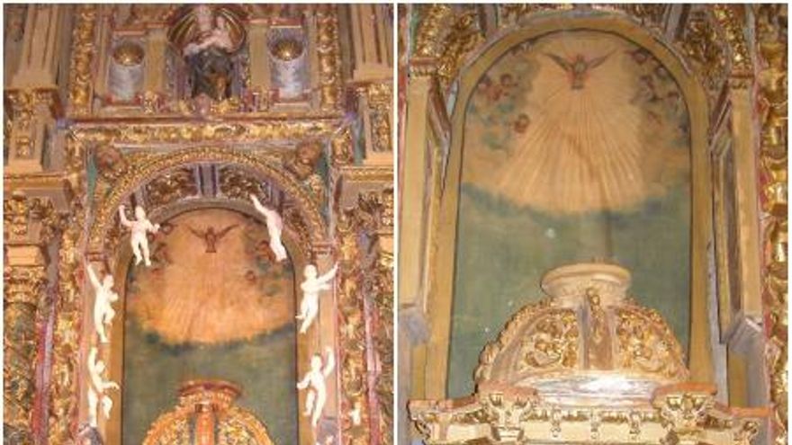 Restauración antes, imagen izquierda, y estado actual del retablo mayor (dcha) de la iglesia parroquial de Palacios de la Valduerna.