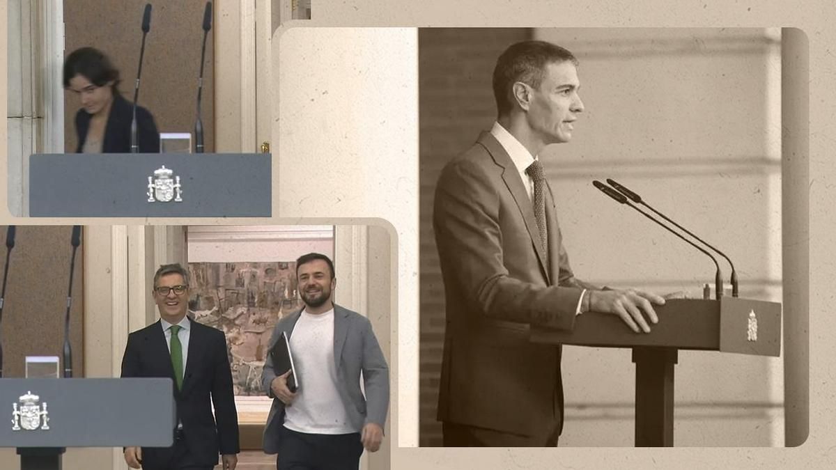 La secretaria de Estado de Comunicación, Lydia del Canto, y el jefe de gabinete de Sánchez, Diego Rubio, en un combo de imágenes junto con el ministro Bolaños y el presidente