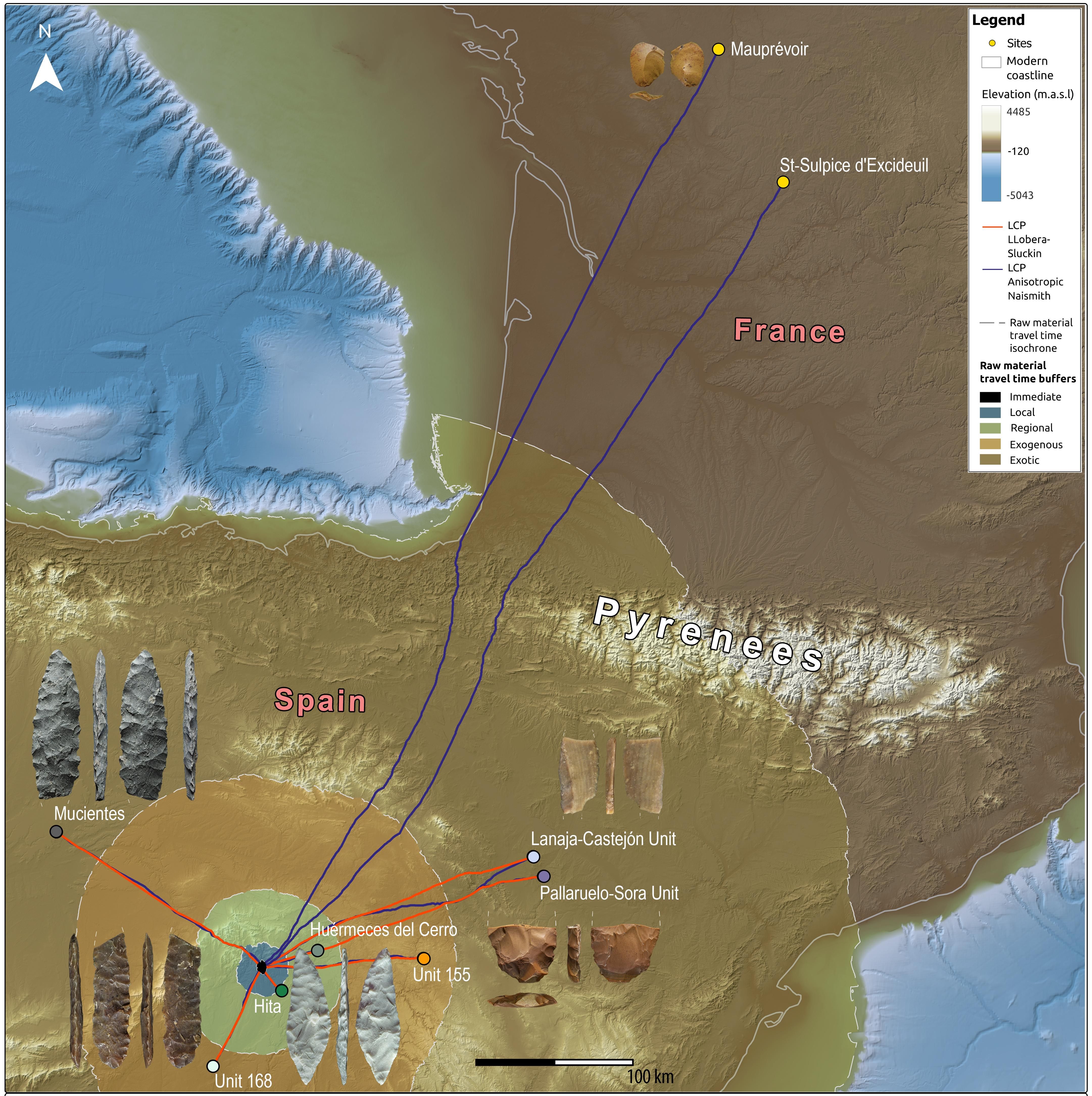 Rutas que cuantifican el tiempo-coste entre Peña Capón y las fuentes de las materias primas líticas utilizadas para la fabricación de utensilios abandonados en el abrigo durante el Solutrense. Se representa la zonificación del territorio en función del tiempo-coste que separa el yacimiento de los afloramientos, así como piezas características de la mayoría de ellos