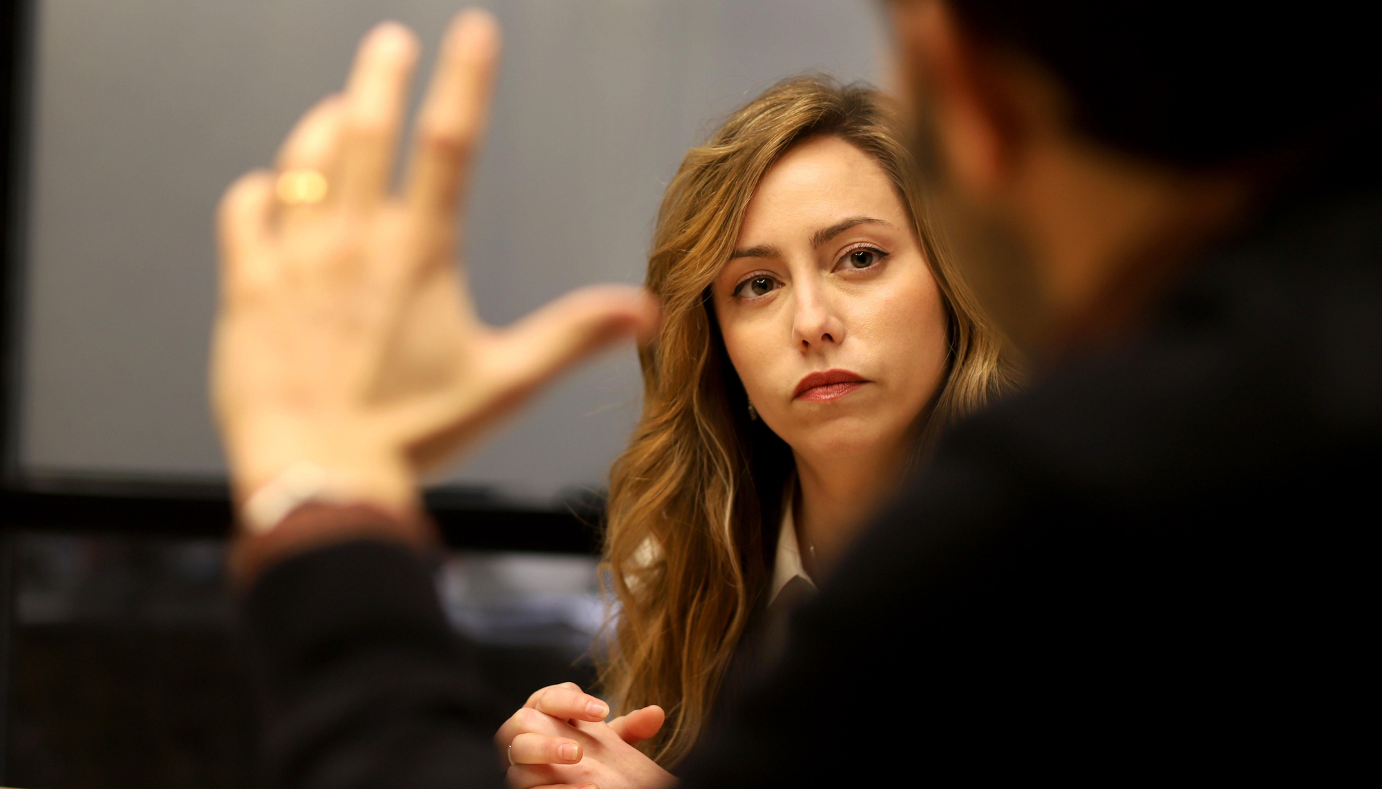 La portavoz de Podemos, María Teresa Pérez, durante la entrevista con elDiario.es.