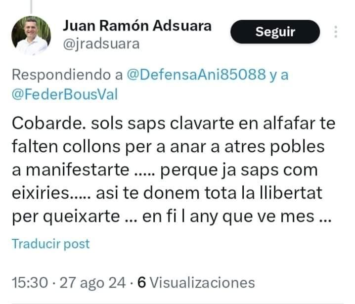 Comentario borrado por el alcalde de Alfafar en la red social X.