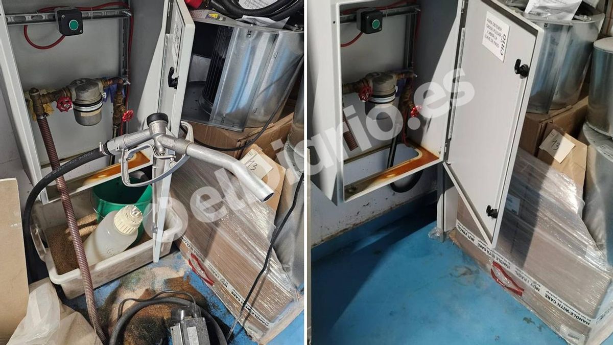 El surtidor de gasóleo, que se encuentra en una zona técnica no precintada, antes y después de ser deshabilitado.