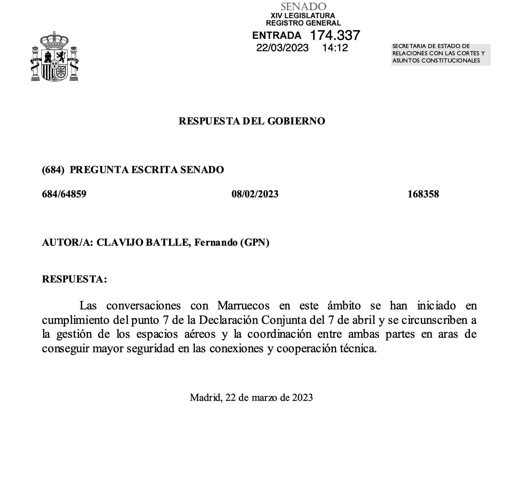 Respuesta del Ministerio de Exteriores