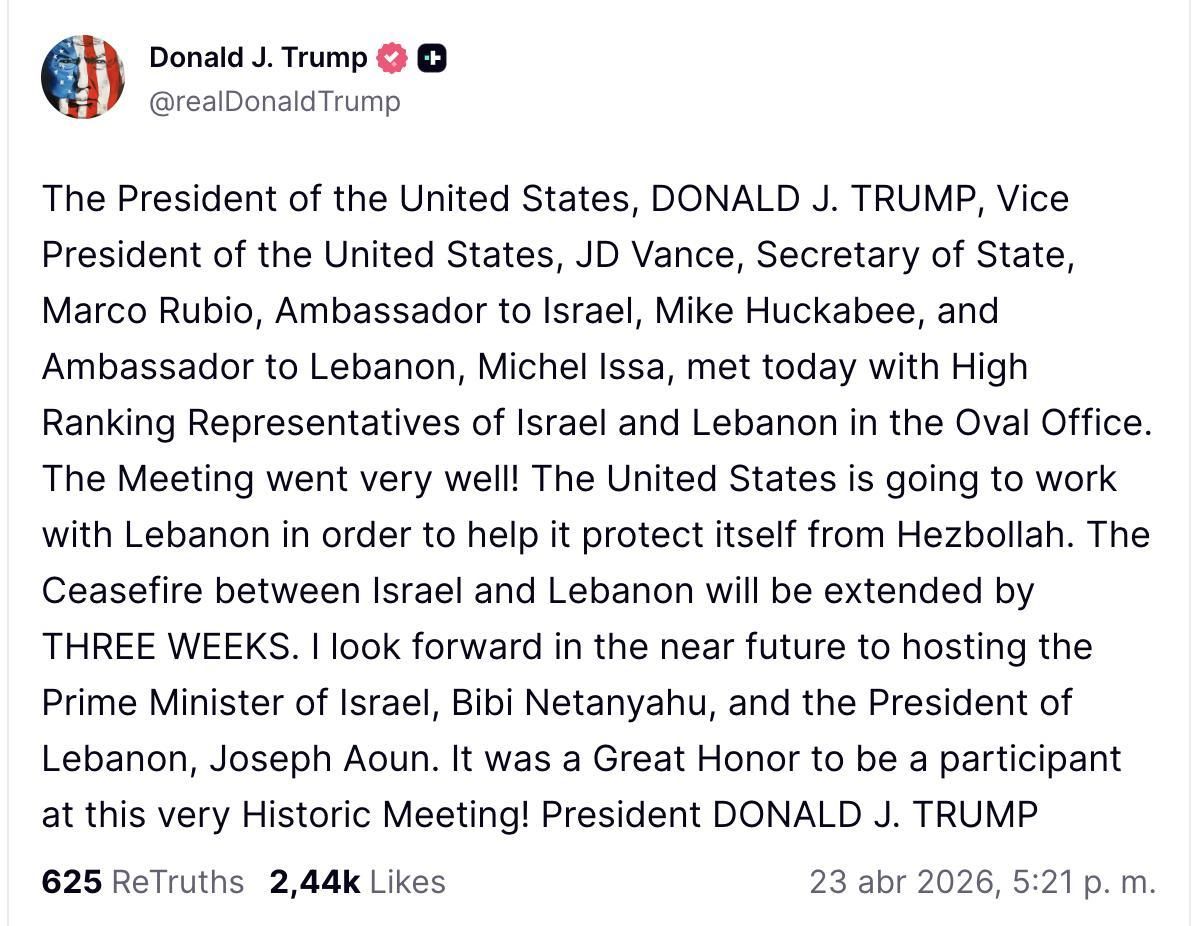 Truth Social de Trump sobre Líbano e Israel.