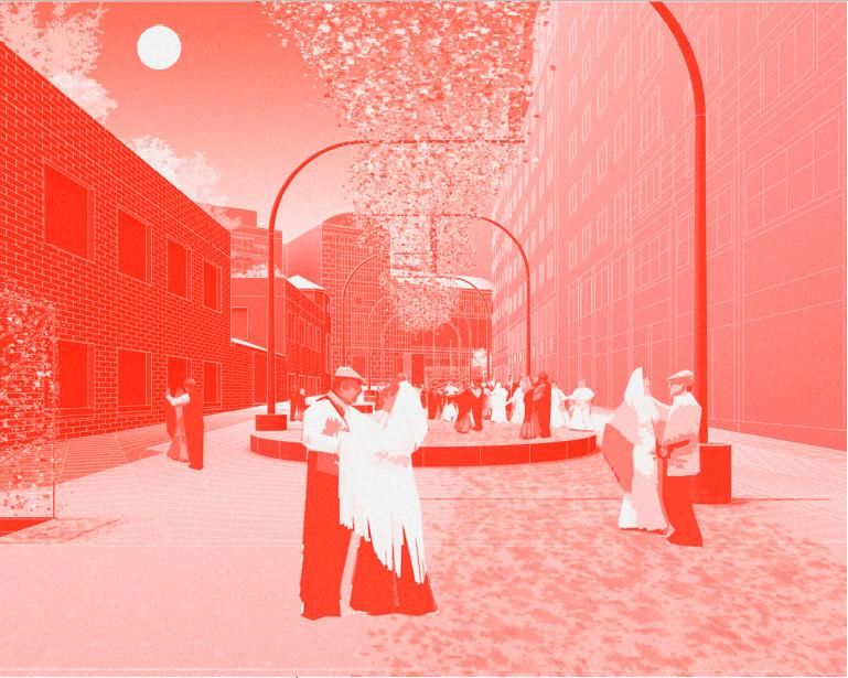 Imagen de la nueva plaza que se crearía en Ricardo León, con una pérgola natural en altura para dar sombra al nuevo espacio peatonal con zonas estanciales