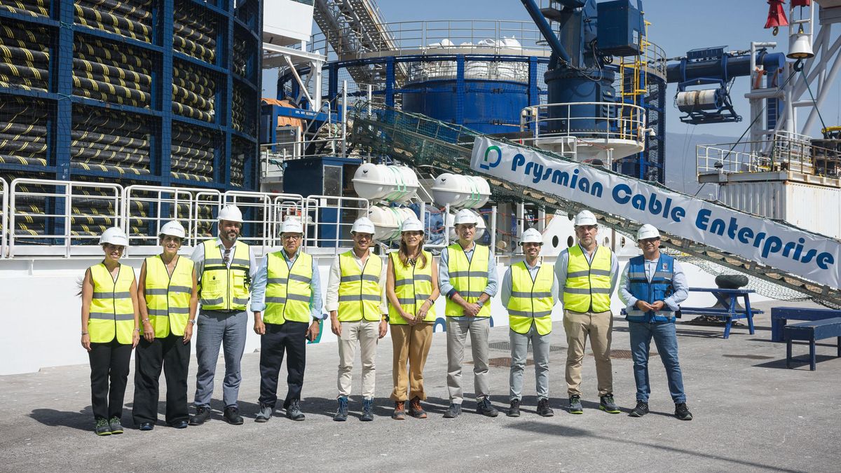 El consejero de Transición Ecológica y Energía del Gobierno de Canarias, Mariano Hernández Zapata; el presidente del Cabildo de la Gomera, Casimiro Curbelo; el vicepresidente segundo y consejero insular de Presidencia del Cabildo Insular de Tenerife, José Miguel Ruano, la alcaldesa de Guía de Isora, Ana Dorta, el alcalde accidental de Granadilla, Marcos Antonio Rodríguez Santana, el director general de Energía del Gobierno de Canarias, Alberto Hernández, y el subdirector de la Autoridad Portuaria de Tenerife, Airam Díaz Pastor, acompañados, por parte de Red Eléctrica, del director del proyecto, Pablo García Celaá; y de la delegada de Redeia en Canarias, Ainara Irigoyen.