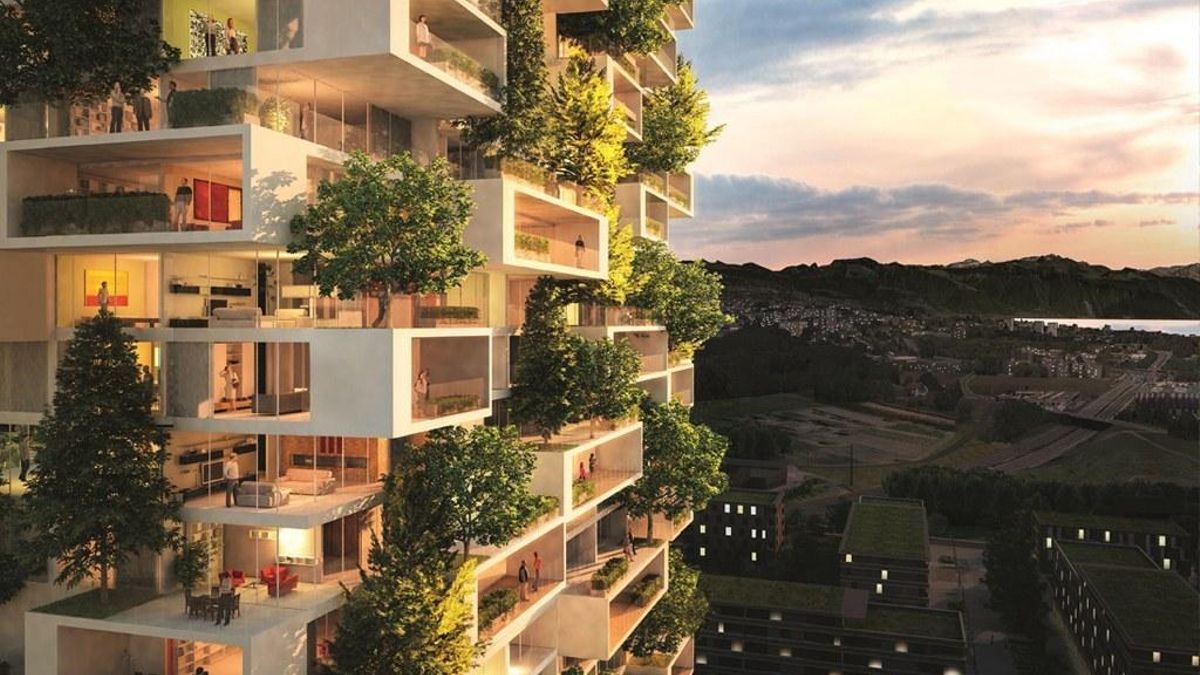 Estos rascacielos están cubiertos enteramente por vegetación, incluyendo árboles, plantas trepadoras, arbustos y flores silvestres que crecen integrados en la estructura misma del edificio