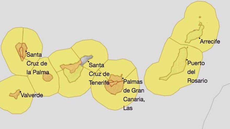 Mapa de la Aemet de los avisos de riesgo por lluvias, viento y fenómenos costeros y viento para este jueves, 7 de enero.