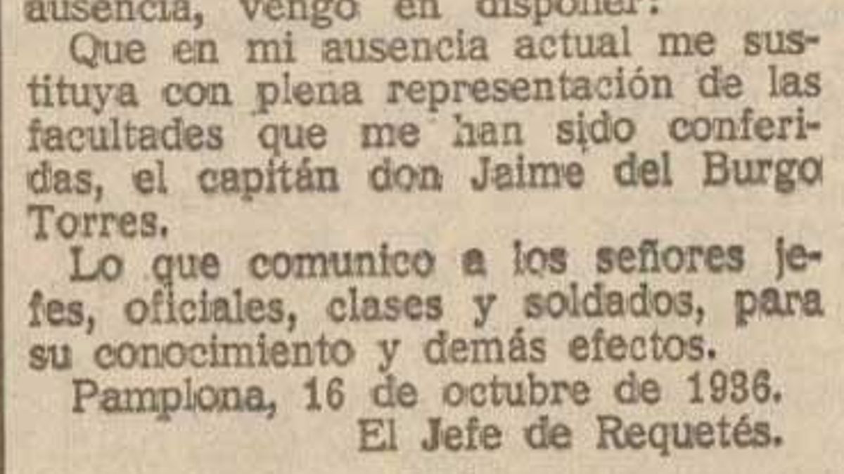 Recorte de un diario en el que se anuncia que el jefe de requetés pasará a ser, temporalmente, Jaime del Burgo