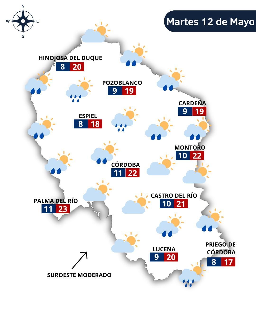 El tiempo para el martes 12 de mayo.