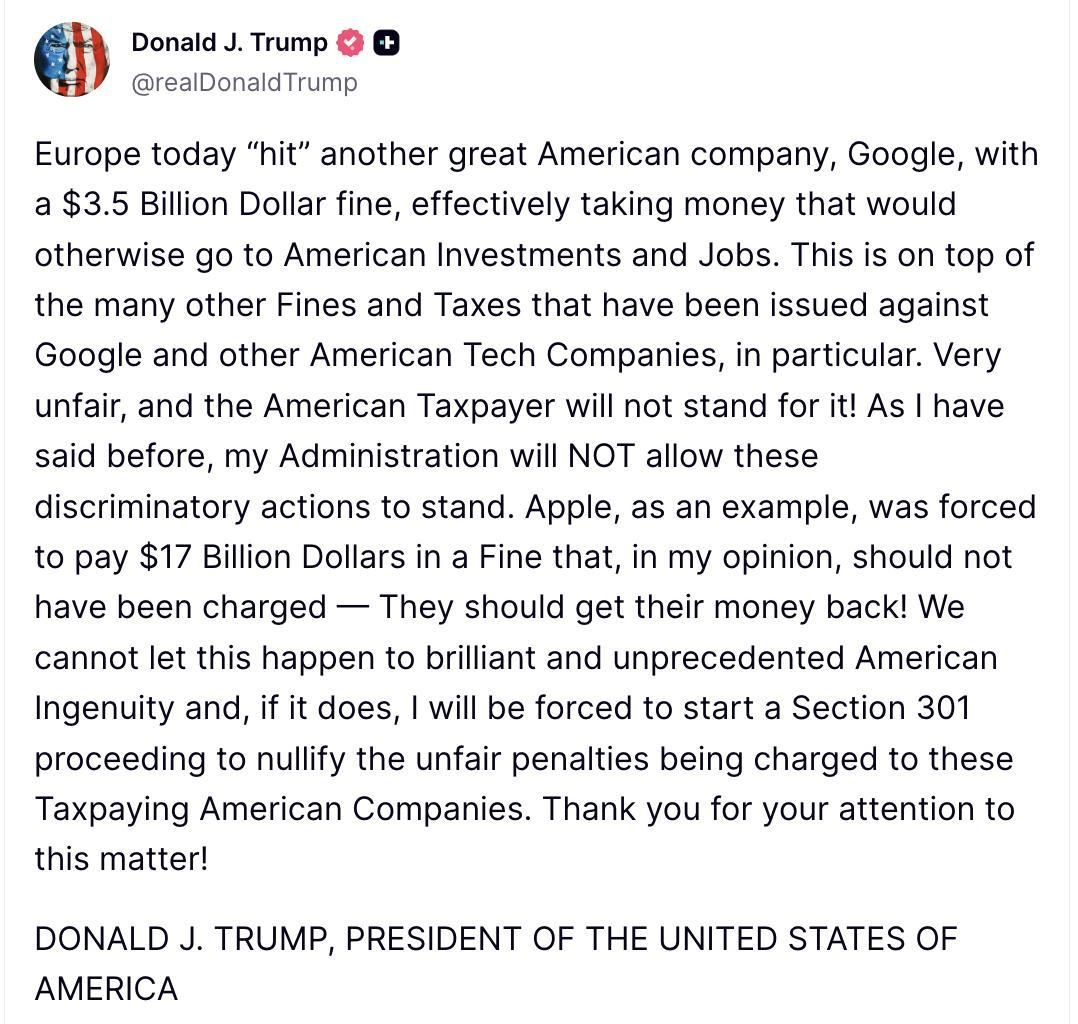 Truth Social de Trump sobre la multa a Google.
