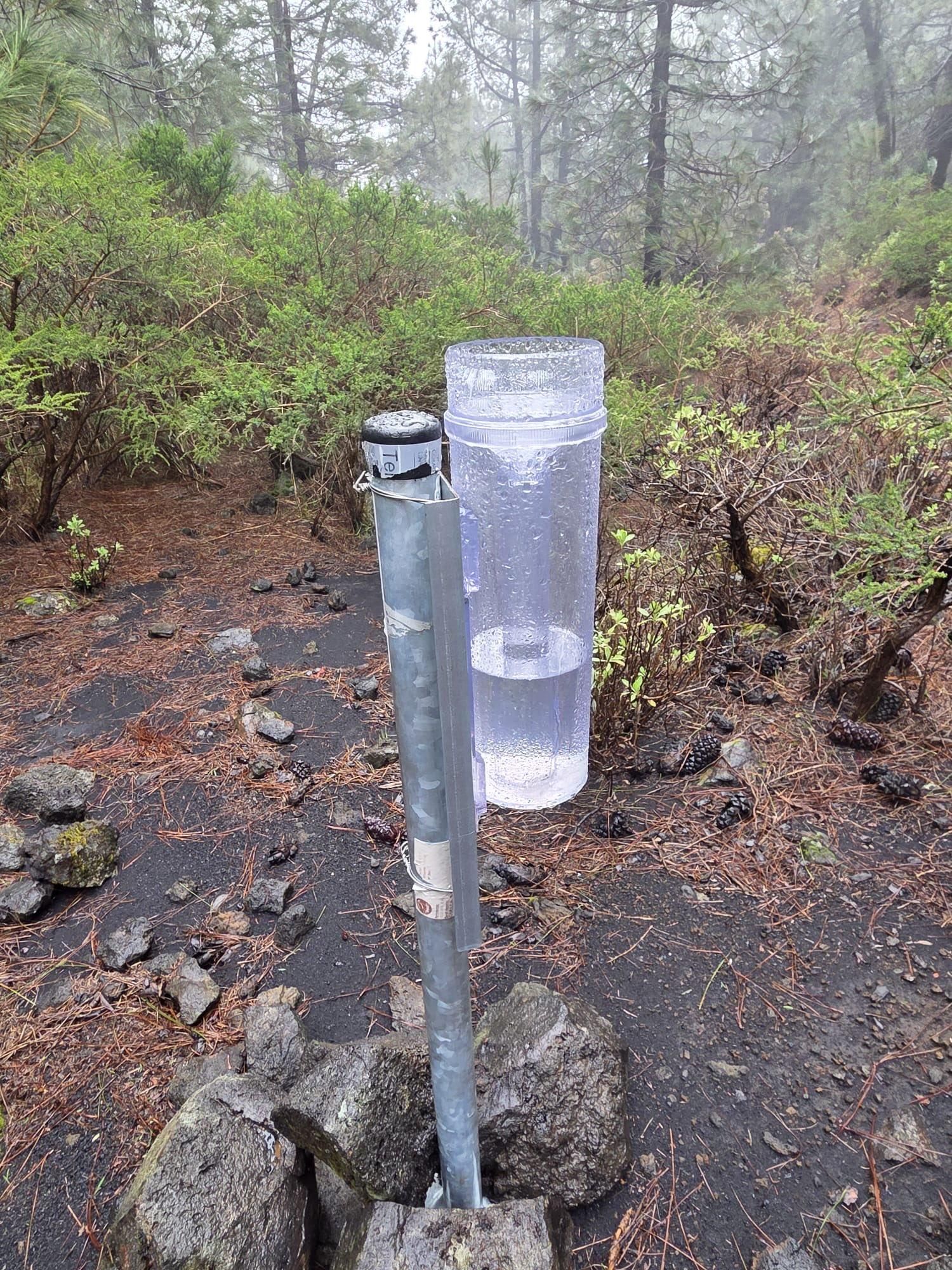 Uno de los pluviómetros colocados en el entorno del volcán Tajogaite con el agua de la lluvia caída durante la borrasca Therese.