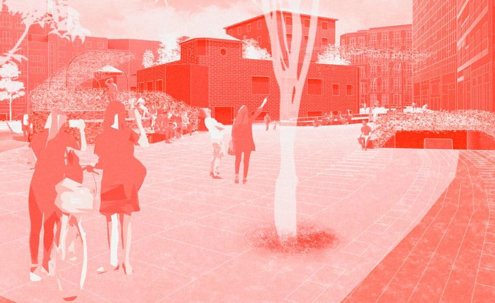 Entrada al parking por García Molinas, donde se cubre parte de la rampa de acceso (derecha) al aparcamiento y la de salida (izquierda) se disimula con unas gradas, de donde sale la pérgola natural que daría sombra a Ricardo León