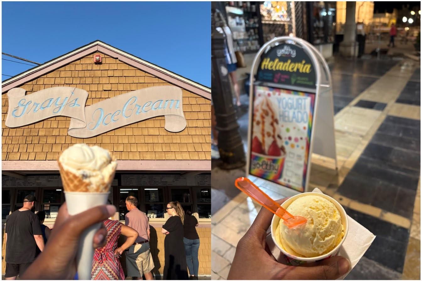 Una foto de helado en el estado de Rhode Island (izquierda) y junto a la Catedral, en León (derecha).