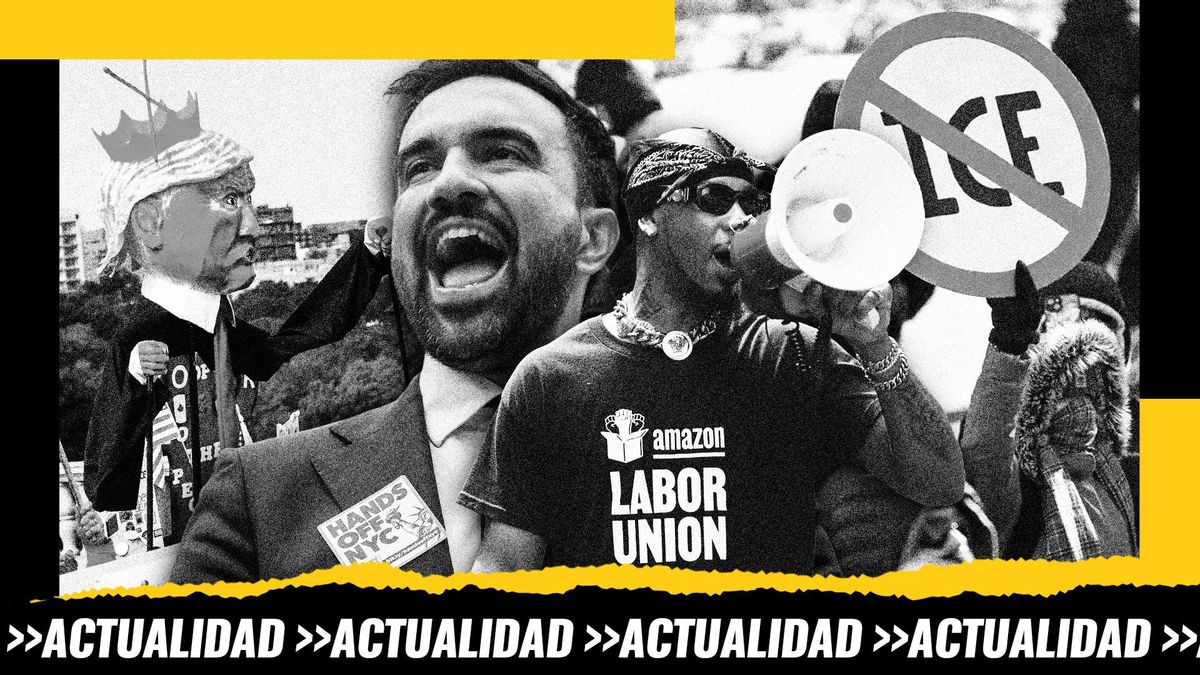 Montaje: en el centro a la izquierda el alcalde de Nueva York Zohran Mamdani junto al sindicalista Chris Smalls, y a cada lado de ellos manifestaciones en EEUU contra Trump y su administración