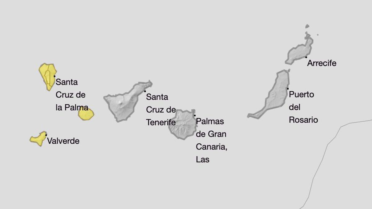 Mapa de la Aemet de los avisos por lluvia y viento en La Palma el domingo.