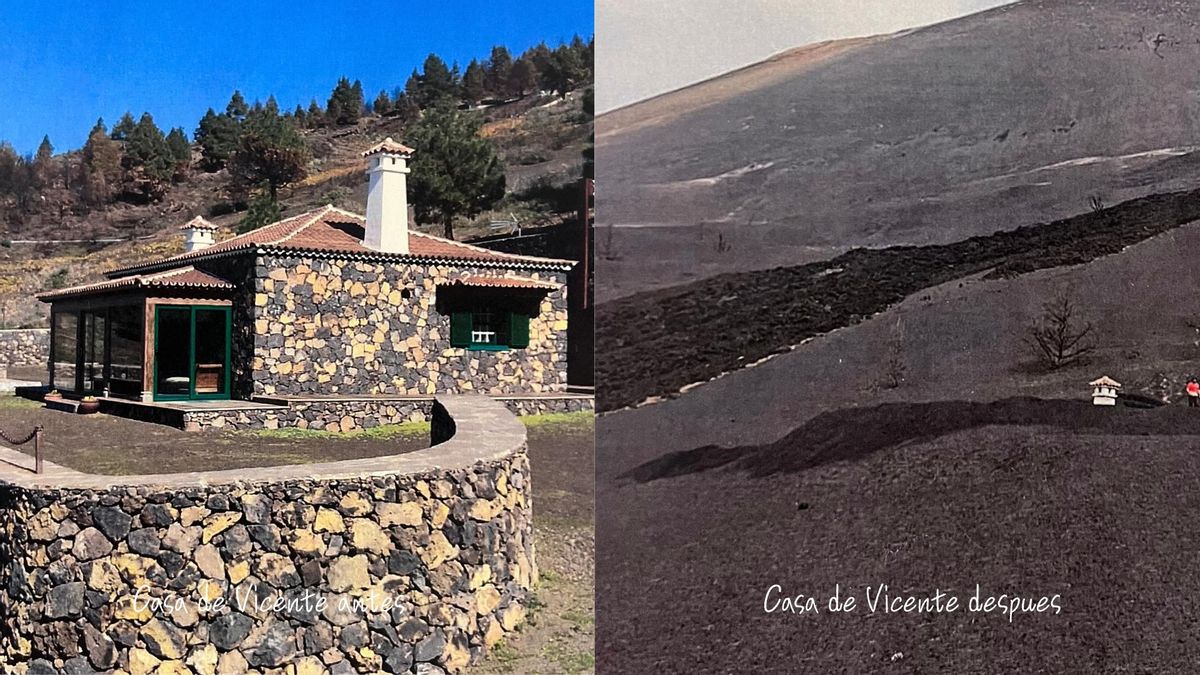 Imagen de la casa de Vicente antes y después de la erupción del volcán