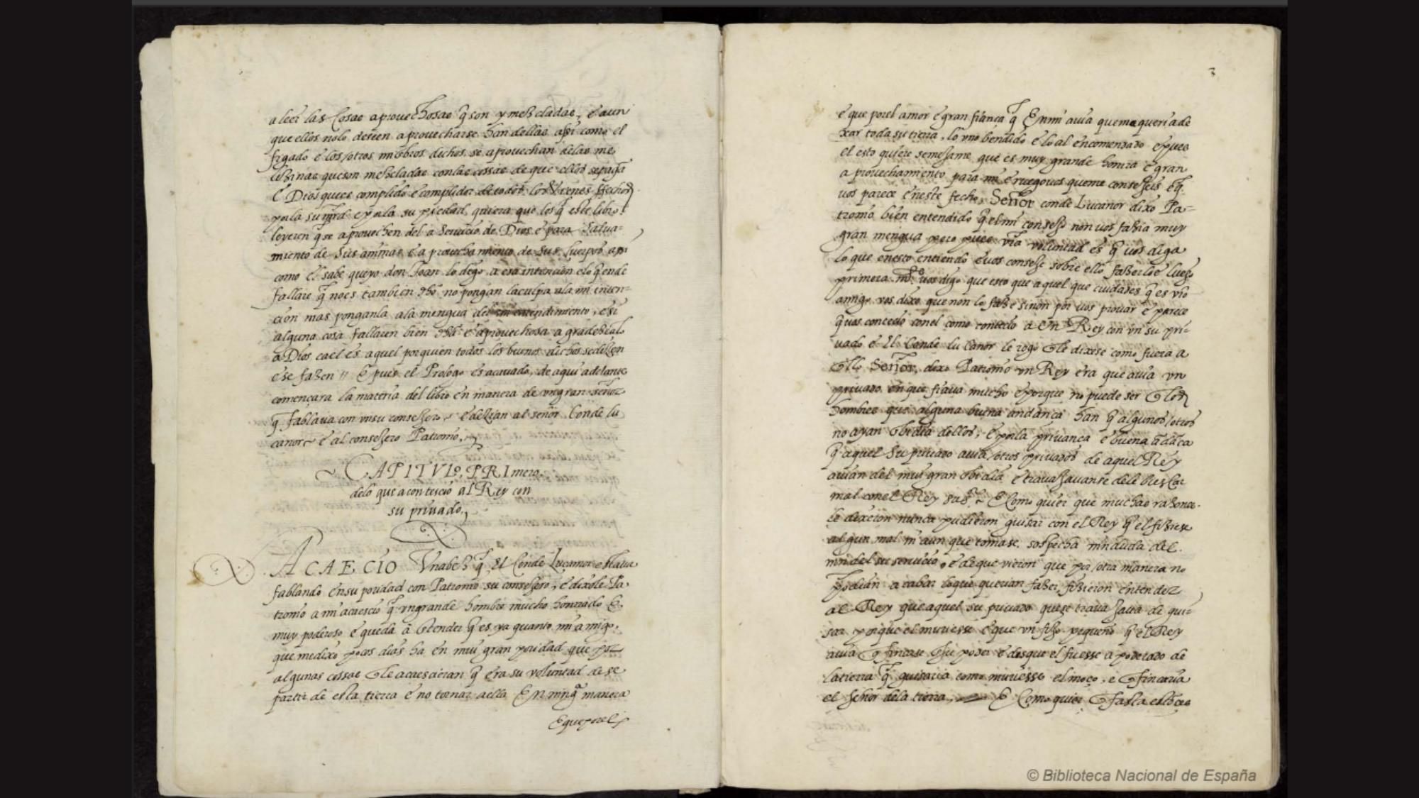 Páginas del primer capítulo de 'El conde Lucanor' en una copia del siglo XVI