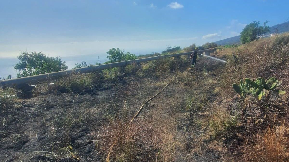 Un bombero durante las tareas de extinción del conato en una zona de pastos y rastrojos en Tijarafe.
