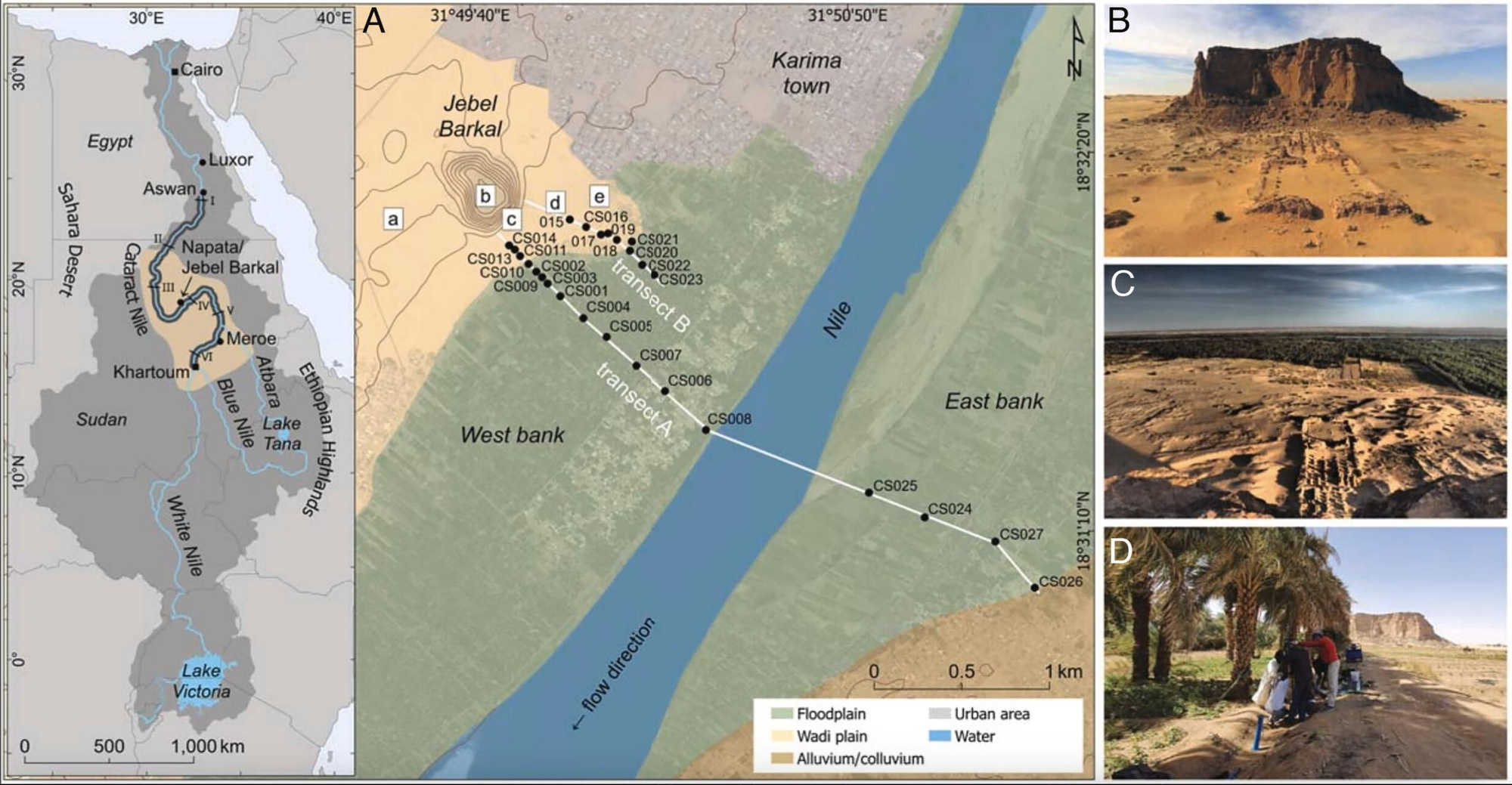 Descripción general del área de Jebel Barkal en Sudán. ( A ) Mapa geomorfológico simplificado del valle del Nilo que bordea Jebel Barkal (antigua Napata).