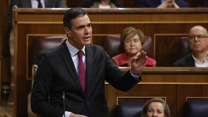 El presidente del Gobierno, Pedro Sánchez, durante su intervención en la sesión de control al Gobierno este miércoles en el Congreso. EFE/  J.C. Hidalgo