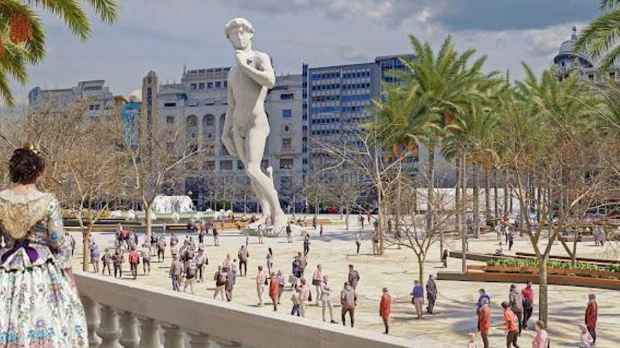 Vista de la futura plaza desde el balcón del Ayuntamiento un día de Fallas.