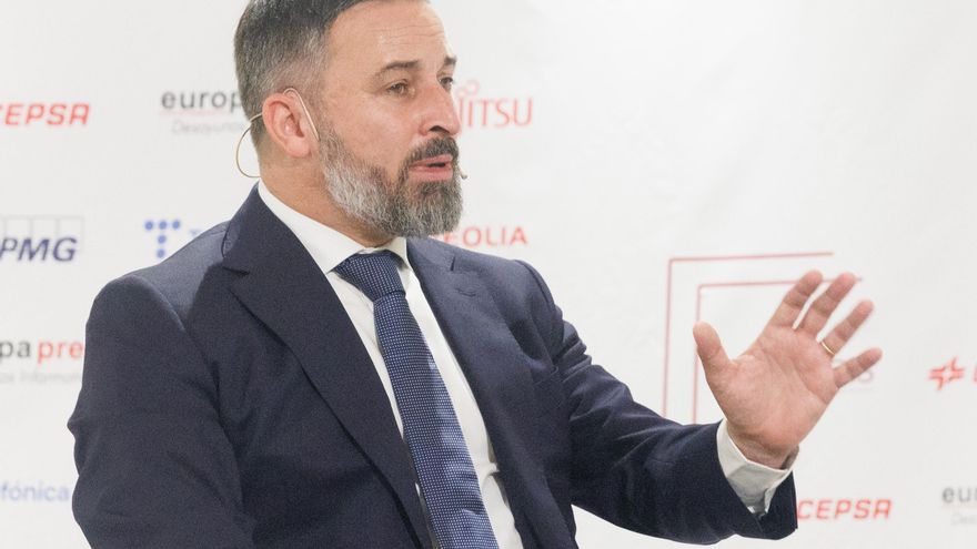 El presidente de VOX y candidato a las elecciones generales, Santiago Abascal, interviene durante un desayuno informativo de Europa Press, en el Hotel Hyatt Regency Hesperia Madrid, a 18 de julio de 2023, en Madrid (España).