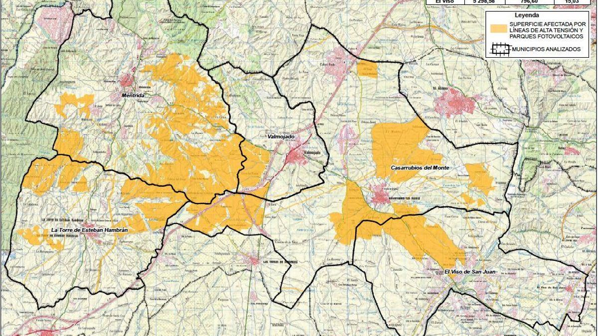 Mapa de los proyectos de plantas fotovoltaicas en el Noroeste de la provincia de Toledo publicados hasta la fecha en el BOE. Puede observarse la enorme proporción del territorio de los municipios afectados