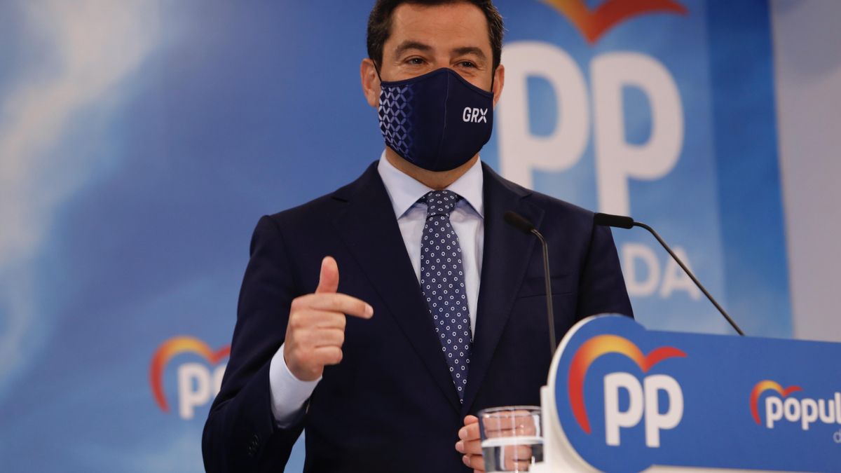 El presidente del PP-A y de la Junta, Juanma Moreno,, interviene en  la reunión de el  Consejo Provincial de Alcaldes y Portavoces del PP de Granada a 09 de abril 2021 (Foto de archivo).