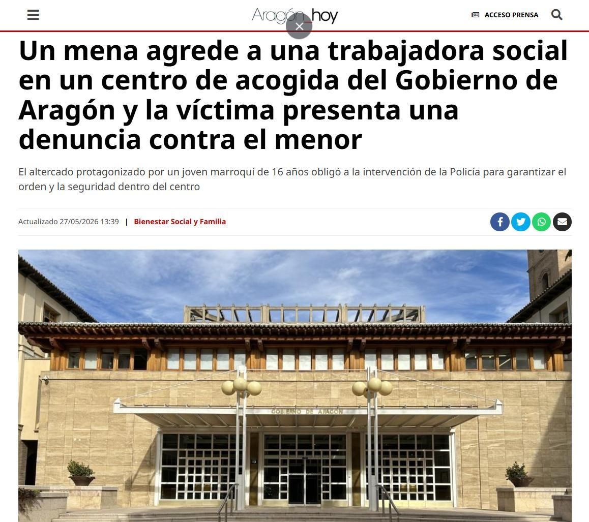 La información en el portal oficial del Gobierno de Aragón sobre un suceso en un centro de acogida.