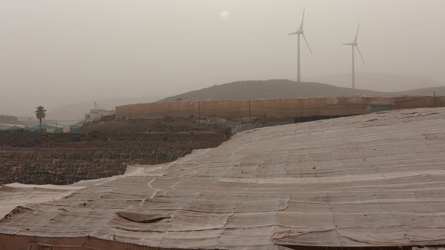 La fuerte calima sobre la Finca Yeoward, en Santa Lucía de Tirajana, acabó por ocultar el disco solar poco después de las 19.00 horas de este domingo