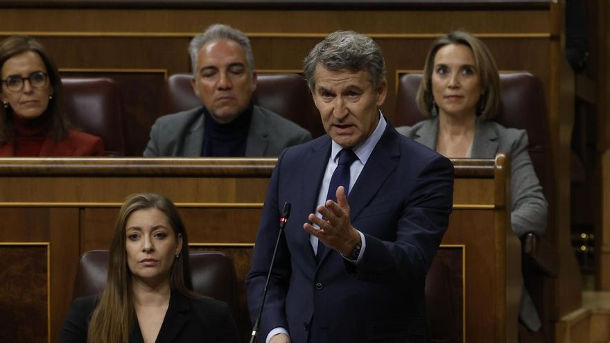 El líder del Partido Popular, Alberto Núñez-Feijóo, interviene durante la sesión de control en el Congreso de los Diputados, este miércoles.
