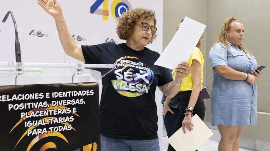 María Dolores González (i), en representación del colectivo Harimaguada, acompañada por diversos colectivos, ha expuesto este jueves en el Parlamento de Canarias el manifiesto sobre el futuro de la educación sexual en las islas