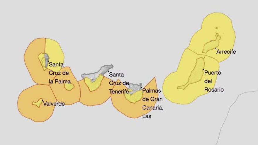 Mapa de la Aemet de los avisos de riesgo por fenómenos costeros y viento  para este domingo,  23 de mayo.