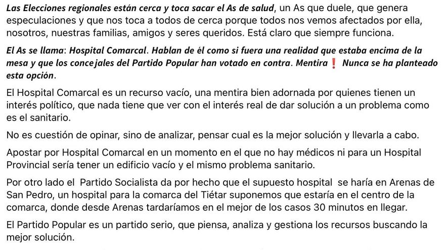Captura del Facebook de Arenas de San Pedro (Ávila).