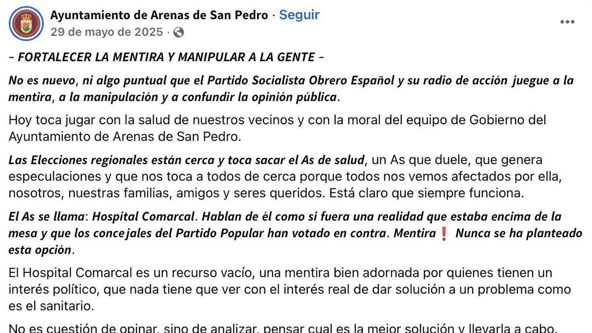 El Defensor del Pueblo de Castilla y León abronca a un pueblo de Ávila por hacer campaña en favor del PP desde su Facebook