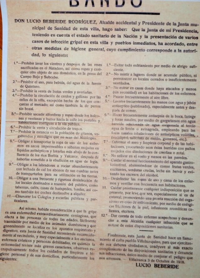 Reproducción del bando fechado en Villafranca del Bierzo el 3 de octubre de 1918.