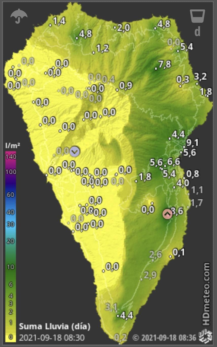 Mapa de HD Meteo La Palma de la lluvia caída, hasta las 08.30 horas de este sábado,  l8 de septiembre, en la Isla.
